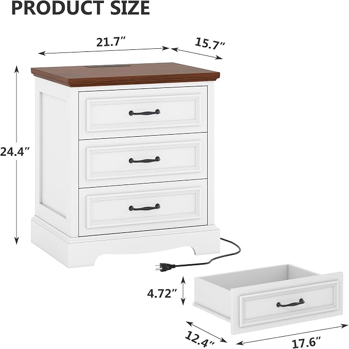 Farmhouse Nightstand with 3 Drawers,Wood Night Stand with Charging Station Modern End Side Table for Bedroom Bedside TableStorage Cabinet Small Dresser Chest of Drawers for Bedroom (1, White Brown) - Image 2
