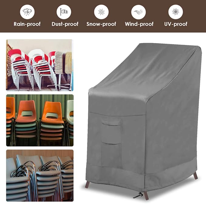 Vailge Stackable Patio Chair Cover,100% Waterproof Outdoor Chair Cover, Heavy Duty Lawn Patio Furniture Covers,Fits for 4-6 Stackable Dining Chairs,36"Lx28"Wx47"H,Grey - Image 6