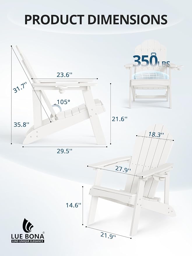 LUE BONA HDPE Adirondack Chairs Set of 8 - Salt-Spray Resistant Outdoor Seating with Cup Holder, Ideal for Poolside, Deck, Coastal Resort & Beachfront Property, White - Image 2