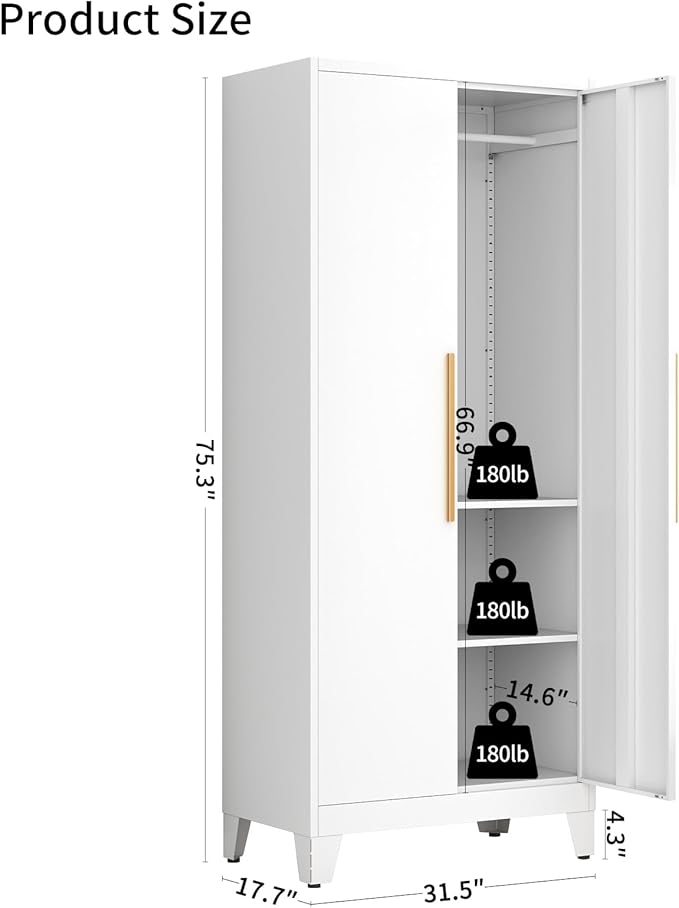 75.3" Tall Metal Armoire Wardrobe Closet with 2 Doors, Adjustable Hanging Rod & 2 Adjustable Shelves, Freestanding Storage Cabinet Organizer for Bedroom, Office, Laundry Room, White