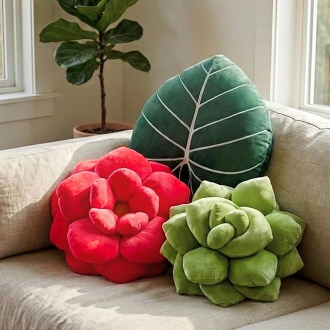 Green Philosophy Co. Camellia Plush Flower Pillow – Large Soft 3D Flower Shaped Throw Pillow, Neon Coral Decorative Pillow for Couch & Bed, for Plant Lovers