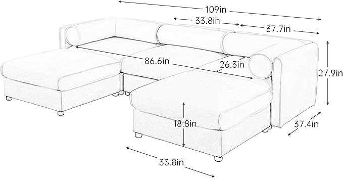KEIKI 109" U-Shaped Modular Chenille Sectional Sofa with Storage Seat, 2 Ottoman, Modern Style 3-Seater Couch with Cylindrical Backrest and Armrests, Easy Assembly, for Apartment, Living Room, White