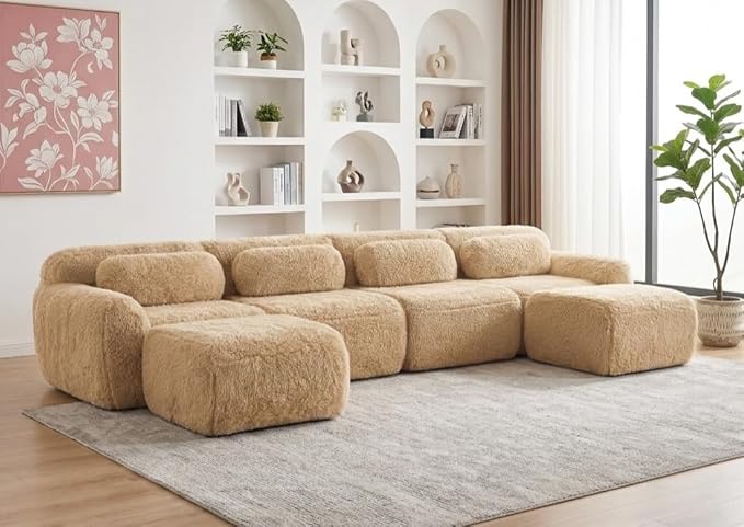 149" Modular Sectional Sofa, Modern Sectional Couch, U-Shape Boneless Couch for Living Room Apartments Bedroom, 32D High Density Sponge Lounge Sofa, No Assembly Required, Light Khaki