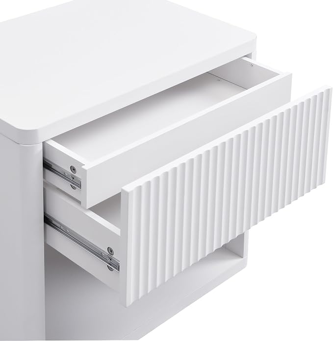 XIAO WEI 22.8" Wide White Fluted Nightstands with Hidden Drawer, Modern Bedside Table with Open Shelf, Large White Accent End Table, Curved Safety Profile Design - Image 9