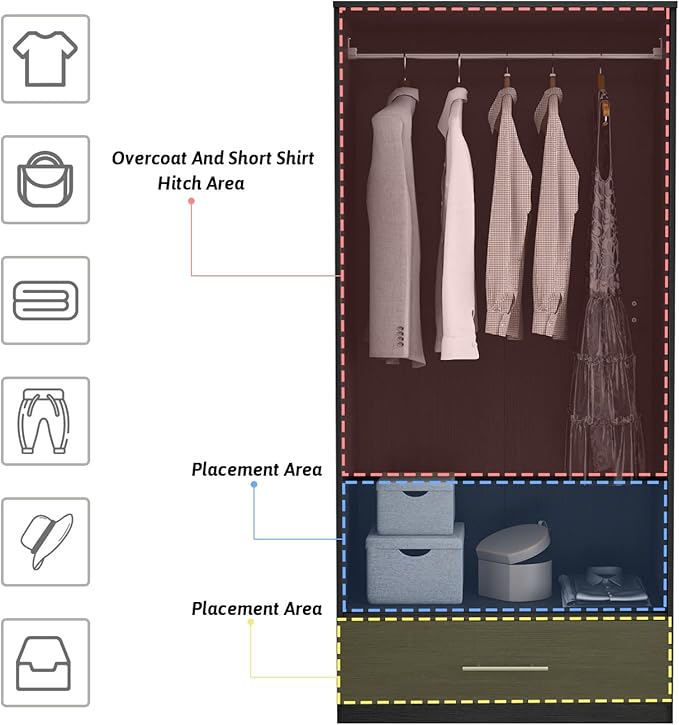 Hitow Wardrobe Armoire Closet with 2 Doors, Freestanding Wardrobe Cabinet with Drawer & Hanging Rod, Bedroom Armoire Clothes Organizer, Type C Black (31.5" W x 18.9" D x 66.9" H)