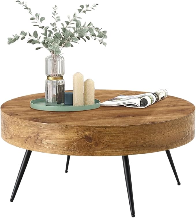 Round Coffee Table, Small Wood Coffee Table with Storage, Modern Mid Century Circle Tables Accent Center Tables for Living Room Apartment Small Space (31.5''D-Brown)