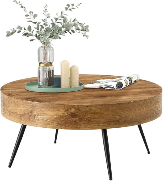 Round Coffee Table, Small Wood Coffee Table with Storage, Modern Mid Century Circle Tables Accent Center Tables for Living Room Apartment Small Space (31.5''D-Brown)