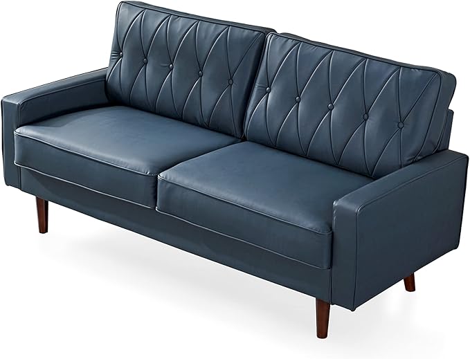Container Furniture Modern Style Faux Leather Sofa with Elegant Round Tapered Legs and Button Tufted Backrest Perfect for Living Room, Bedroom or Home Office, 69.3’’ Wide, Blue