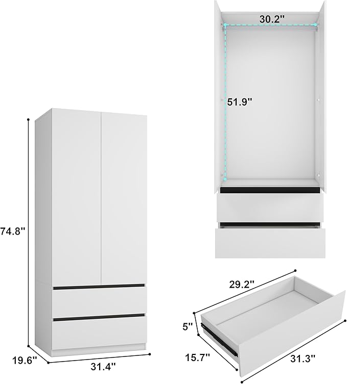 Large Wardrobe Closet with 8 Doors: 75" White Armoire with 8 Drawers, Wooden Wardrobe for Hanging Clothes, Tall Storage Cabinet with Shelves and Hanging Rod (A+A+A+A, 126")