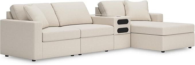 Signature Design by Ashley Modern Modmax Stain Resistant L-Shape Right-Arm Facing 4-Piece Sectional with Chaise and Audio Console, Beige