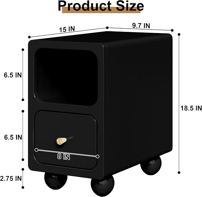 Solid Wood Nightstand, Narrow Night Stand with Drawers, Black Mid Century Modern Nightstand, Small Bedside Table with Open Storage Shelf for Bedroom (10 Inch) - Image 3
