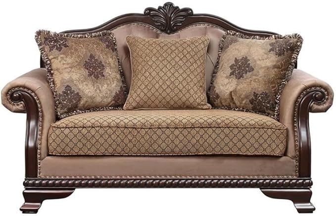Acme Chateau De Ville Fabric Loveseat with 3 Pillows in Beige and Espresso
