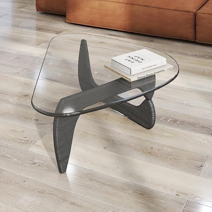 Black Coffee Table for Living Room, Mid Century Small Coffee Tables, Rustic Clear Center Table with Tempered Glass & Solid Wood Base, Triangle Coffee Table for Small Spaces