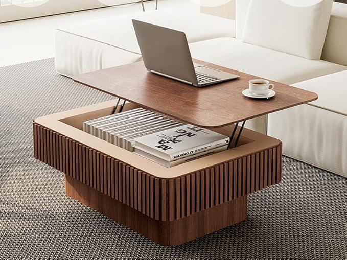 Lift Top Coffee Table with Storage for Living Room Mid Century Modern Coffee Table with Lifting Top Wood Fluted Coffee Tables with Lifts Up Tabletop for Home Apartment Office 38.6",Walnut Rectangle