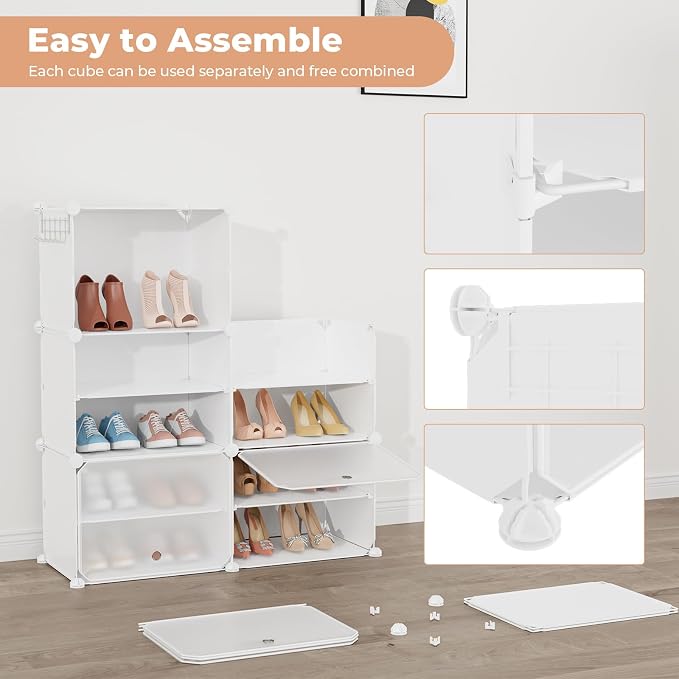 Shoe Rack 8 Tier Shoe Storage Cabinet with Door 32 Pair Tall Shoes Rack Organizer Free Standing Expandable Stable Plastic Easy Assembly Shoes Shelf for Closet Hallway Entryway Bedroom White - Image 6