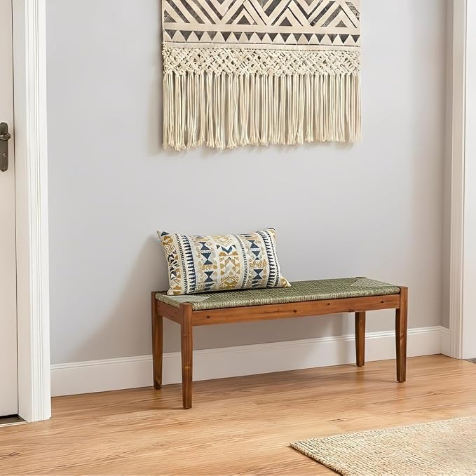 Solid Wood Acacia Indoor Bench with Natural Woven Seat, 45 Inch Wood Bench for Living Room or Entryway, Bedroom End of Bed Bench or Dining Benches, Window Bench - Image 5