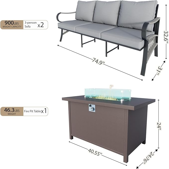3 Pieces Patio Conversation Sets, All Weather Metal Outdoor Furniture Set 2 Three-Seater Sofas with Fire Pit Table for Backyard Garden Deck Porch Poolside, Gray
