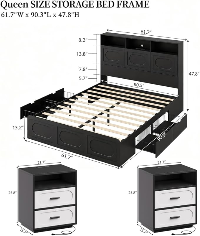 3 Pieces Bedroom Set, Queen Size Wood Platform Bed Frame and 2 Nightstands, Storage Headboard and Nightstand with Charging Station, Solid Wood Slats Support, No Box Spring Needed, Black