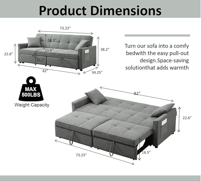 82" 3 in 1 Convertible Sleeper Sofa Bed, Modern Fabric Pull Out Couch, Loveseat Sofa with Pillows & Pockets, Futon Couch Bed Reclining Backrest for Living Room, Bedroom, Apartment, Grey