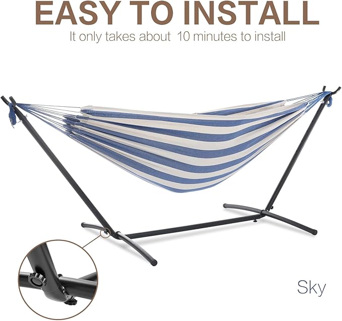 PNAEUT Double Hammocks with Stand for Outside, Portable Space Saving Heavy-Duty Steel Stand for Indoor Outdoor Patio with Carrying Bag, 450 lbs Capacity (Sky) - Image 6