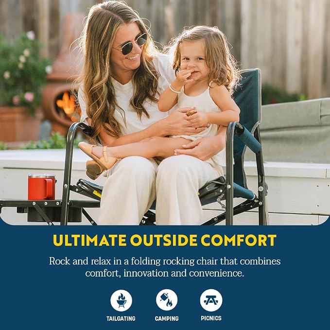 GCI OUTDOOR Freestyle Rocker with Side Table Camping Chair | Portable Folding Rocking Chair with Solid, Durable Armrests, Drink Holder & Comfortable Backrest — Heathered Indigo - Image 4