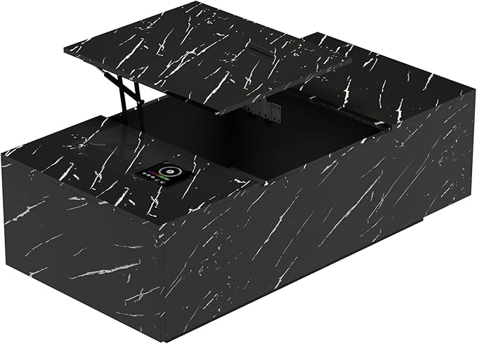 47" Modern LED Coffee Table with Lift Top, All Black Coffee Table with Storage High Gloss Surface, Hidden Storage with Drawer, Open Shelves, and Built-in Power Outlet for Living Room