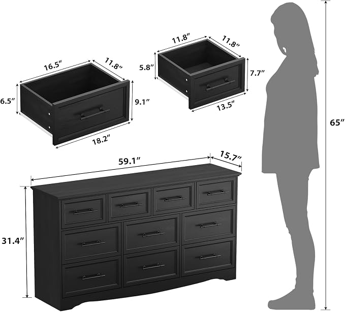Black Dresser for Bedroom, 10 Drawer Dresser, 59" Wide Chest of Drawers w/Brushed Metal Handle, Wood Dressers TV Stand, Closet Organizers and Storage Cabinet for Bedroom, Living Room, Hallway - Image 2
