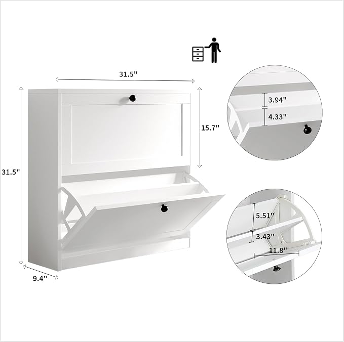 VOWNER Shoe Cabinet with 2 Flip Drawers, Freestanding Shoe Storage Cabinet with Adjustable Shelf & Anti-Tipping Device, Shoe Rack for Entryway, Hallway, Living Room (White) - Image 2
