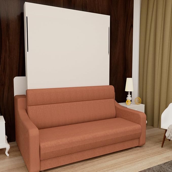 Full Size Murphy Bed Cabinet with Loveseat Sofa, White Hidden Beds,Wall Bedframe w/Orange Couch for Bedroom,Space-Saving, Noise Free