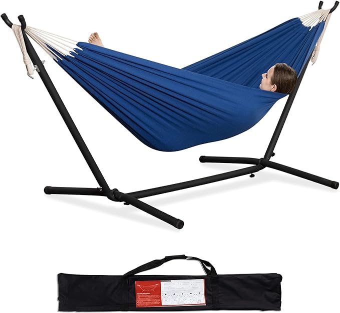 PNAEUT Double Hammocks with Stand for Outside, Portable Space Saving Heavy-Duty Steel Stand for Indoor Outdoor Patio with Carrying Bag, 450 lbs Capacity (Navy) by PNAEUT
