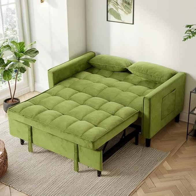3 in 1 Convertible Sofa Bed, Love Seat Sleeper Bed with Side Pockets, Velvet Fabric Pull Out Couch with Adjustable Backrest for Living Room, Bedroom, Apartment, Olive Green