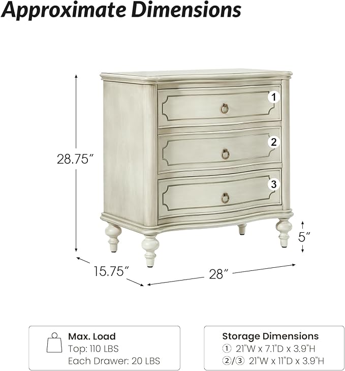 HULALA HOME Traditional Side Table with 3 Drawers, Tall Side Table with Curved Front Profle Desgin, Charging Station, Solid Wood Legs, White - Image 2