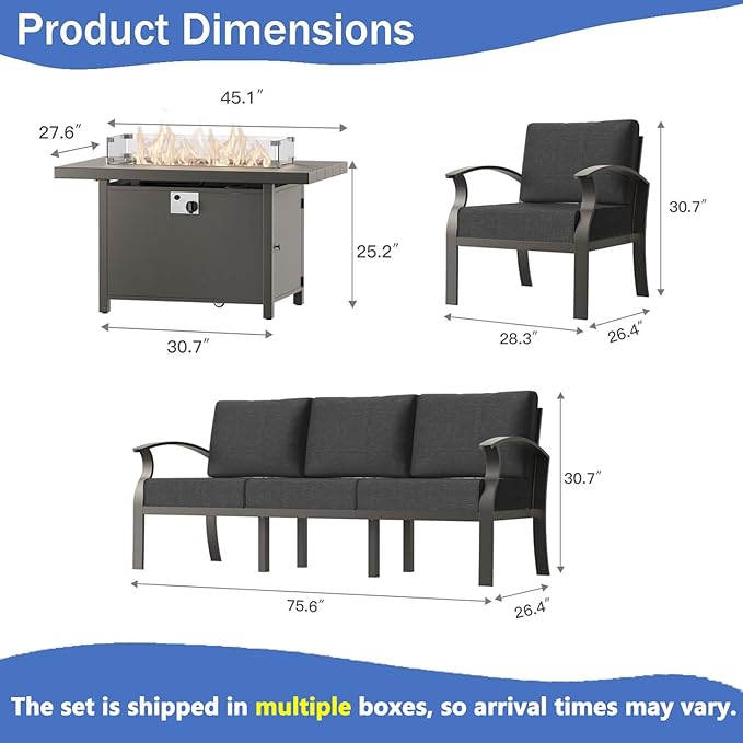 Aluminum Outdoor Patio Furniture Set,5 Pieces 8 Seats Patio Conversation Sets with 45" Propane Fire Pit Table,Metal Patio Sectional Furniture Set w/5.1" Cushions for Porch,Deck,Backyard,Black