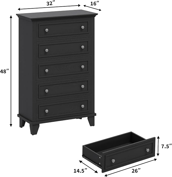 GAOMON Black 5 Drawer Dresser for Bedroom, 48" Tall Wood Dresser & Chests of Drawers with Deep Drawers, Modern Chest Organizer with Metal Handles for Living Room, Hallway, Entryway - Image 2