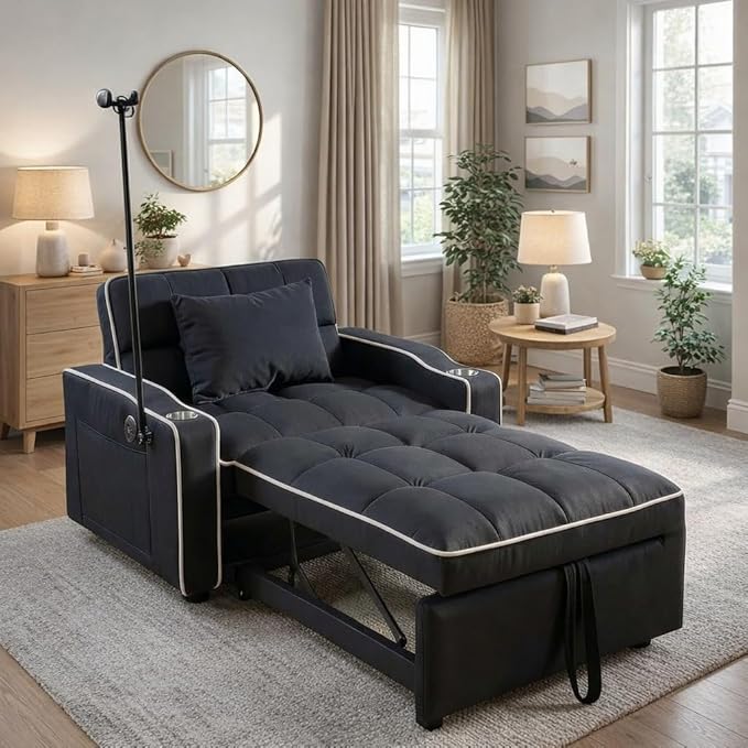 Sleeper Chair, Convertible Pull Out Chair Sleeper with Bracket and Cup Holder, Chairs Bed Sleepers for Adults, 3 in 1 Sofa Bed Chairs for Small Spaces, Living Room, Black