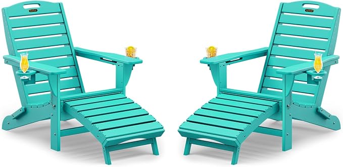 Folding Adirondack Chairs Set of 2,Adirondack Chair with Retractable Ottoman,Plastic Adirondack Chairs with 2 Cup Holder,Weather Resistant Patio Chair,Outdoor Chairs Set of 2(Lake Blue) by Suunyn