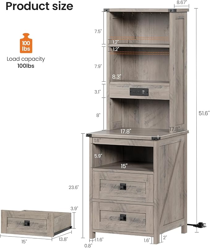 Farmhouse Tall Nightstand with Charging Station and 2 Drawers,Led Night Stand with Bookshelf,Bedside End Side Table with 6 Hooks and Storage Shelves for Bedroom,Grey - Image 2