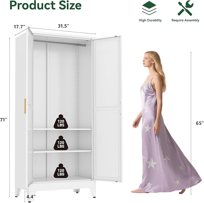 Metal Wardrobe Closet with Doors and Shelves, 71" Farmhouse Bedroom Armoire with Hanger Rod and Clothing Shelf, White Steel Wardrobe Cabinet Storage Clothes Closet