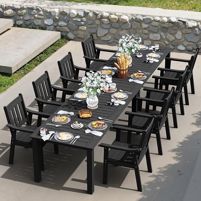 YEFU HIPS Patio Table Set: 10 Piece Outdoor Table and Chairs Dining Furniture Set with Umbrella Hole - Black Modern Plastic Dining Sets 8 Person for Outside Deck with Metal Aluminum Frame - Image 8