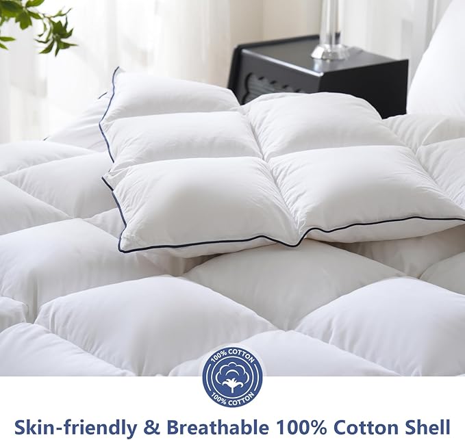 DOWNCOOL Feather Down Fiber Comforter California King Size, 100% Cotton Ultra Soft Fluffy Duvet Insert, All Season Luxurious Hotel Bed Comforter with Corner Tabs, White 104"x96"