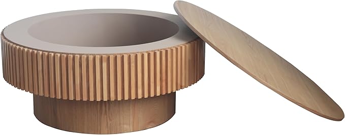 φ31.5 Round Coffee Table with Storage, Wood Veneered Pedestal End Table for Living Room, Modern Contemporary Circle Fluted Drum Side Table for Small Space - ø31.5" x 14"H Oak