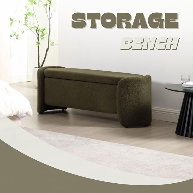ROCTY Green Boucle Storage Bench - 50" Sherpa End of Bed Ottoman with Seating and Storage for Bedroom, Entryway, Living Room, Vanity or Makeup Room - Teddy Fabric - Image 8