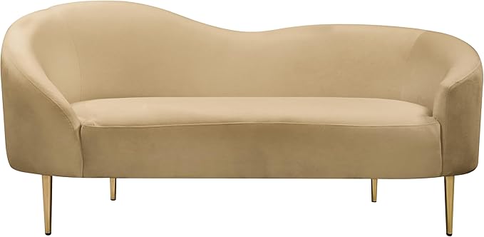 Meridian Furniture 659Camel-L Ritz Collection Modern | Contemporary Upholstered Loveseat with Rich Camel Velvet, Gold Metal Legs, Curved Contemporary Design, 67" W x 31.75" D x 30.5" H, Camel