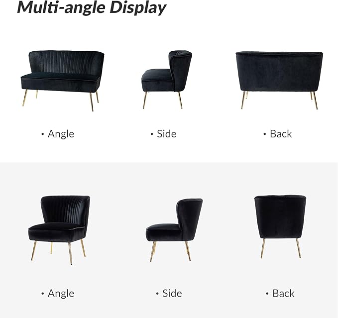 HULALA Home 3 Piece Velvet Living Room Furniture Set, Modern Comfy Upholstered Chair Set with Golden Legs, Include Loveseat & 2 Accent Chairs for Bedroom, Black Tufted 2-Seater Sofa & Armless Chairs