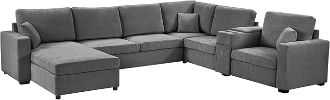 Merax Modern Oversized U-Shaped Sectional Sofa with Piollows & Chaise Lounge, Chenille 5-Seat Couch Set Sleeper Bed with Cup Holders, Storage Drawer for Living Room, Easy Assemble, Gray