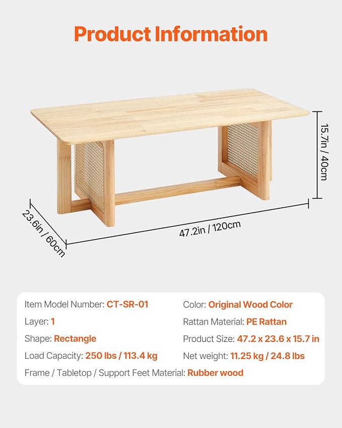 VEVOR Rattan Coffee Table, Rectangle Woven With Rubber Wood Top, 47-Inch Modern Boho Storage Table With Natural Legs, for Living Room, Bedroom & Small Spaces