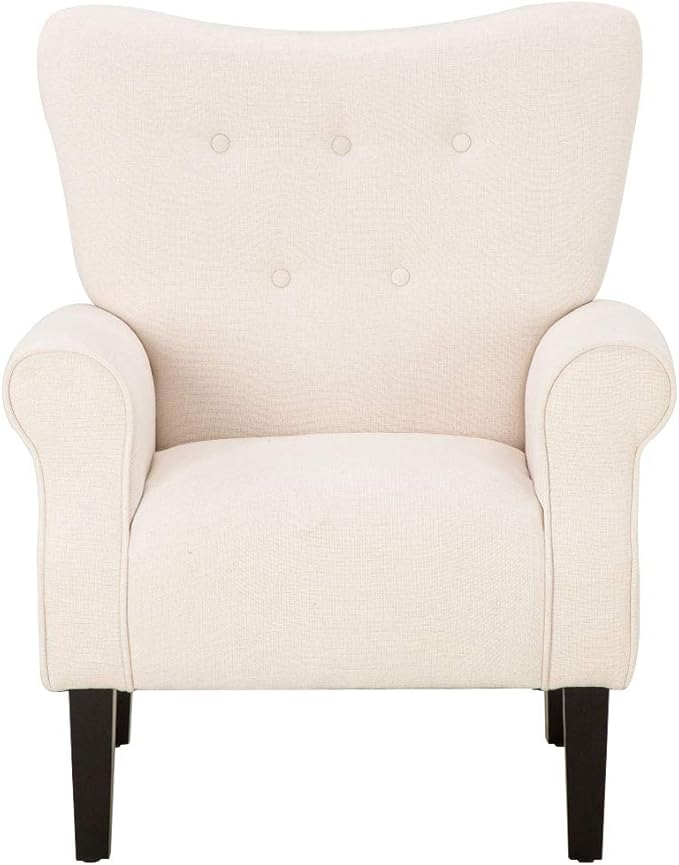 YOLENY Modern Accent Chair,High Back Armchair,Upholstered Fabric Button Single Sofa with Wooden Legs for Living Room,Bedroom,Club,Beige