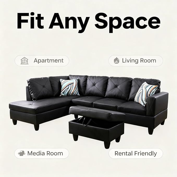 L-Shape Sofa with Storage Ottoman, Leather Sectional Couch with Left Chaise, Modern 3-Piece Sofa Set for Living Room, Upholstered Couch Set with Solid Wood Frame for Apartment, Loft, Black