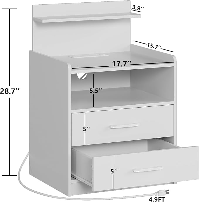 Nightstand Set of 2 with Charging Station and LED Lights, Bedside Table with 2 Drawers and Open Storage Shelf, 2 USB Ports and 2 AC Outlets, LED Night Stands for Bedroom Set of 2, White - Image 3