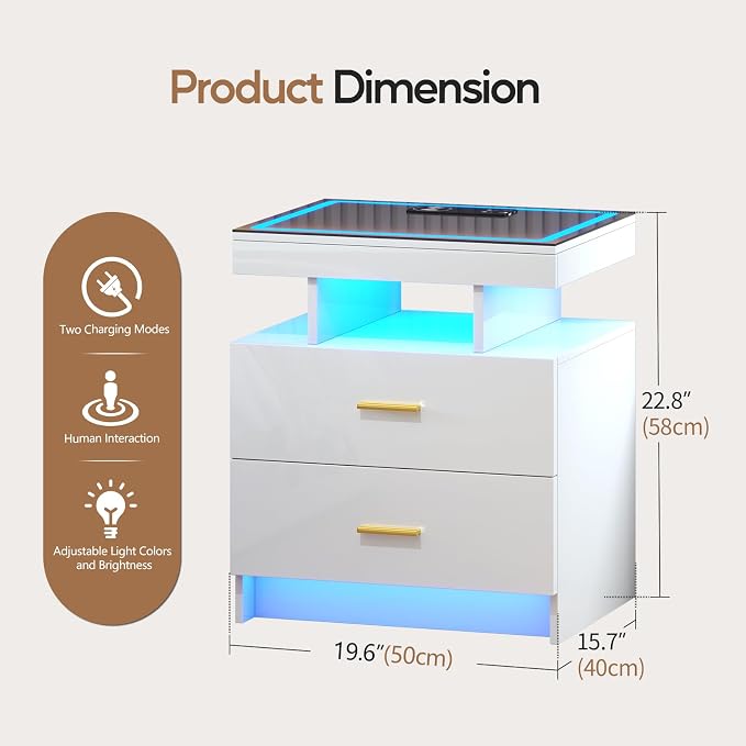 LED Nightstand Set 2 with Wireless Charging Station,White Night Stand with 2 Drawers,Glass Top Smart Bedside Table,Modern End Table Side for Bedroom,Living Room,Office - Image 2